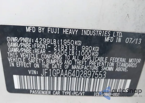 2013 Subaru Impreza 2.0I из США, поврежденный, VIN JF1GPAA64D2897553